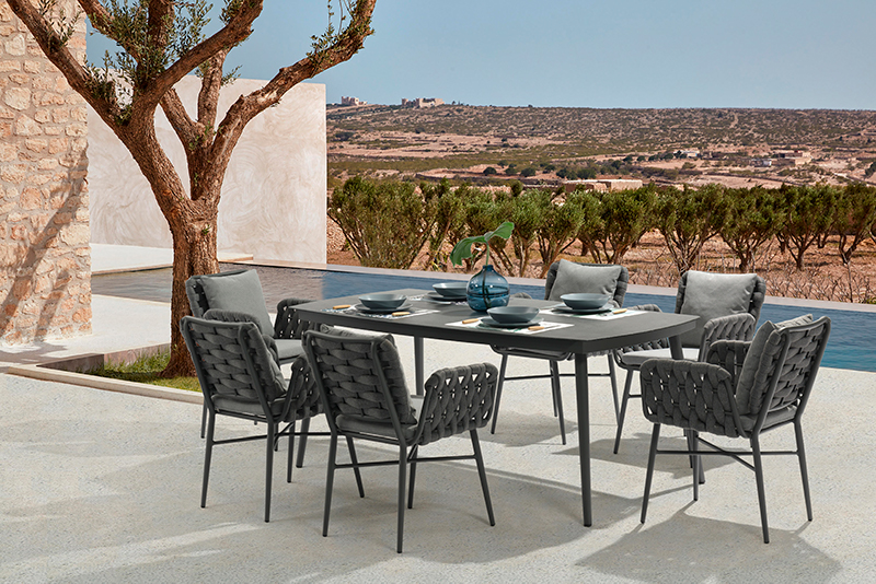 ASCONA New Design Alum. Rubber Rope Dining Set With 6 Chairs Garden Patio Outdoor Furniture China Factory Featured Image