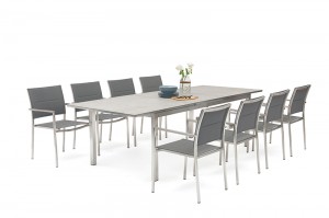MELA&BREVA Stainless Steel Extension Table 200/260x100cm Dining 9pcs Set China Factory Outdoor Garden Patio Furniture