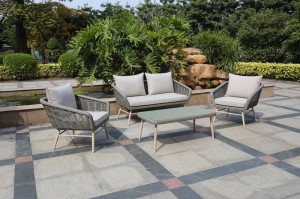 Outdoor Furniture GLASGOW Alum. Rattan Wicker Lounge 4 Pcs Set K/D With Soft Comfort Cushions Legs In Teak Color Hand Paint