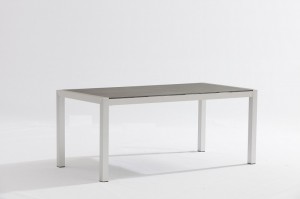 Bushed alum. dining table 180x90cm with 8mm stone looking tempered glass top